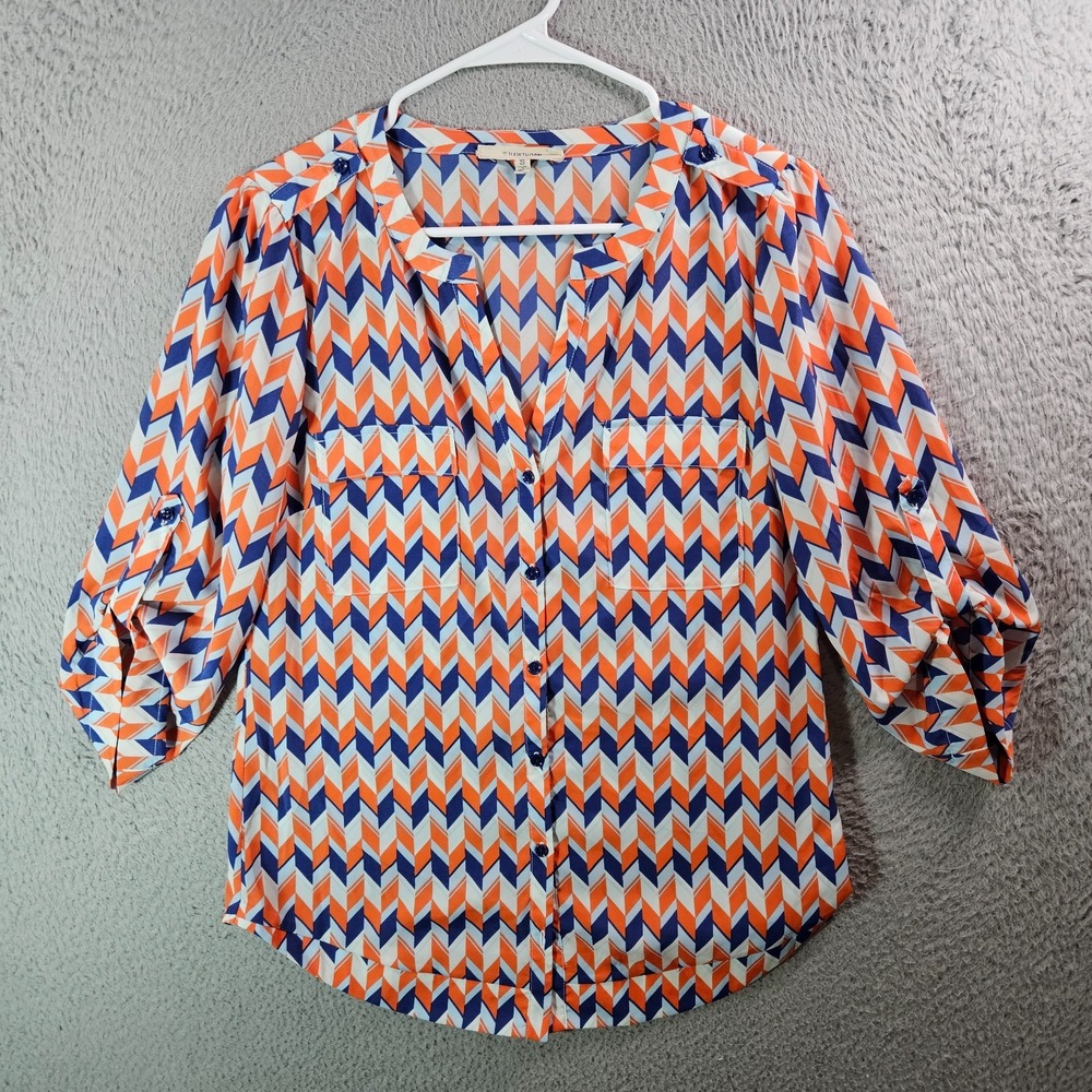 41 Hawthorn Top Shirt Women Size S Button Geometric Print roll Tab Orange Blue